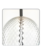 Clear glass pendant light with decorative pattern on a white background