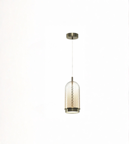Pendant light with glass shade and metal fixture on a white background