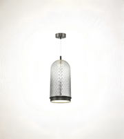 Pendant light fixture with textured design on a white background