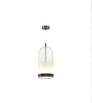 Modern pendant light with textured glass shade on a white background