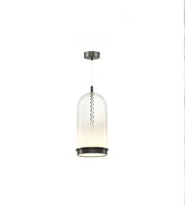 Modern pendant light with textured glass shade on a white background