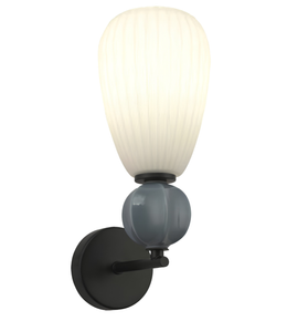 Contemporary wall sconce with ribbed frosted glass diffuser, blue-gray glass sphere, and matte black wall mount.