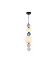 Pendant light with colorful spherical shades on a white background