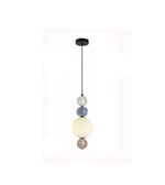 Pendant light with colorful spherical shades on a white background