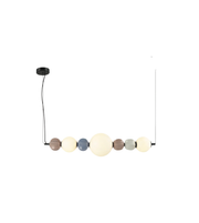 Modern pendant light with colorful spherical bulbs on a white background