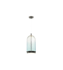 Pendant light fixture with a glass shade on a white background