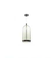 Pendant light with textured glass shade on a white background