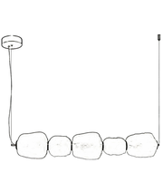 Line drawing of a modern pendant light fixture with five circular shades on a white background.