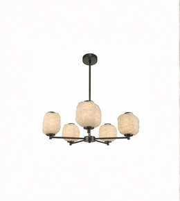 Modern chandelier with five round glass shades on a white background