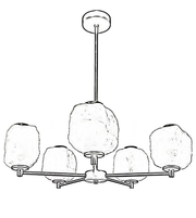 Line drawing of a chandelier with five light fixtures on a white background