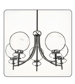 Black and white chandelier with three glass shades on a white background