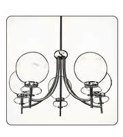 Black and white chandelier with three glass shades on a white background