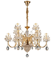 Gold chandelier with crystal accents on a white background, featuring the 'Dubai Lights' brand.