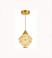 Gold pendant light with crystal design on a white background