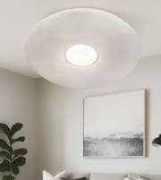 Ceiling light fixture in a room with a framed abstract painting on the wall.