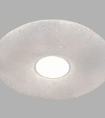 Round ceiling light fixture with textured white cover on a gray background