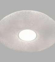 Round ceiling light fixture with textured white cover on a gray background