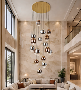 Modern living room with a large pendant light fixture.