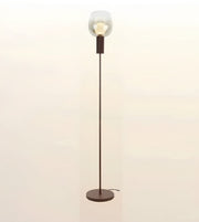 A modern floor lamp with a slim dark metal stand, a round base, and a clear glass dome shade enclosing a warm glowing bulb, set against a plain light background.