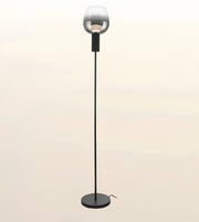 A modern floor lamp with a tall black metal stand, a round black base, and a clear glass dome shade at the top, shown against a plain light beige background.