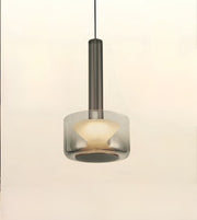 A modern pendant light with a cylindrical brushed metal fixture and a frosted glass shade, shown against a plain off-white background.