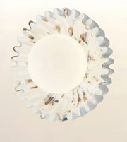 A circular white wall sconce with a scalloped, fluted outer rim and a smooth central dome, shown against a plain light background.