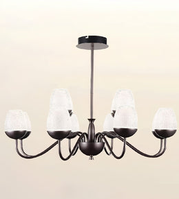 A six-light chandelier with a dark bronze metal frame and textured white glass shades, shown against a plain beige background.
