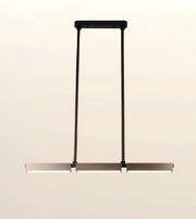 A modern linear pendant light fixture with a matte black vertical suspension frame and a horizontal brushed metal bar, shown against a plain light beige background.