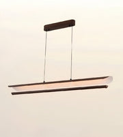 A modern linear pendant light with a dark wood ceiling mount and two horizontal arms, one with a frosted white glass panel and the other with a clear glass panel, suspended against a plain off-white background.