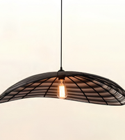 Modern black woven dome pendant light with exposed Edison bulb, ideal for dining rooms, cafés, restaurants, kitchen islands, and contemporary interiors.