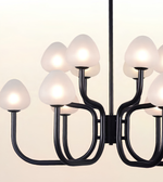 Modern multi-light chandelier with a matte black metal frame and frosted white glass shades, shown illuminated against a plain light background.