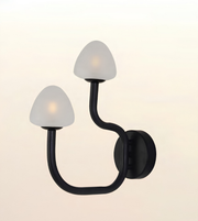 A modern black double-arm wall sconce with frosted white dome-shaped glass shades, shown against a soft warm off-white background.