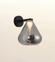 A modern wall sconce with a black circular wall mount and arm, featuring a teardrop-shaped smoked glass shade that encloses a glowing warm white bulb, set against a plain off-white background.