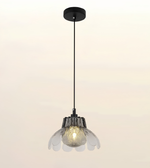 A modern pendant light fixture with a black ceiling canopy and cord, featuring a textured clear glass shade with a warm glowing bulb inside, set against a soft beige gradient background.