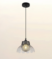 A modern pendant light fixture with a black ceiling canopy and cord, featuring a textured clear glass shade with a warm glowing bulb inside, set against a soft beige gradient background.