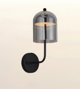 Modern smoked glass wall light with matte black finish and dome glass shade for bedrooms, living rooms, hallways, hotels, cafés, and contemporary interiors.