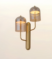 A modern wall-mounted double-light fixture with a brushed brass/gold metal body and two clear glass dome shades, shown against a plain light background.