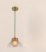 A modern pendant light with a round brass ceiling canopy, a thin black cord, and a bell-shaped clear glass shade that glows with a warm light from the visible bulb inside.