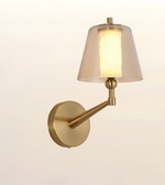 A modern wall-mounted sconce light fixture with a brushed brass/gold circular wall plate, angled arm, and a clear glass shade that glows warm white when illuminated, shown against a plain light background.