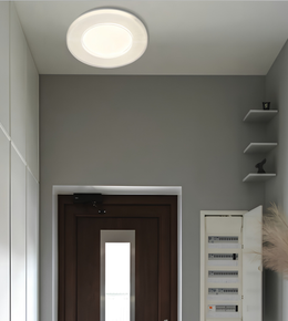 A modern circular flush-mount ceiling light with a white diffuser, installed on a white ceiling in a minimalist gray hallway with a dark wood door and built-in shelves.