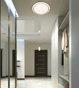 A modern ceiling light fixture with a circular white glass shade and a decorative textured silver-toned outer rim, shown installed in a contemporary hallway with white walls and a dark wood door.