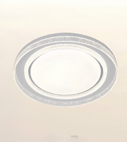 A modern circular flush-mount ceiling light fixture with concentric rings, featuring a frosted white center and textured clear outer rings, shown against a plain off-white background.