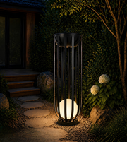 A tall black outdoor solar lantern with a glowing warm white globe light, placed on a stone path in a landscaped garden at night.