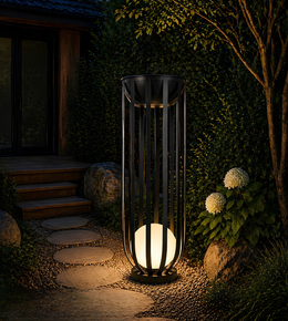A tall black outdoor solar lantern with a glowing warm white globe light, placed on a stone path in a landscaped garden at night.