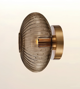 A modern wall sconce with a ribbed, smoky-tinted glass shade and a brushed brass metal mount, shown against a plain off-white background.