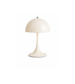 Sculptural white mushroom table lamp with glossy finish on white background