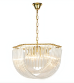Gold and clear glass chandelier on a white background
