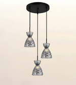 A modern three-light linear pendant chandelier with a matte black ceiling canopy and downrod, featuring three cascading glass shades covered in small silver mirror tiles.