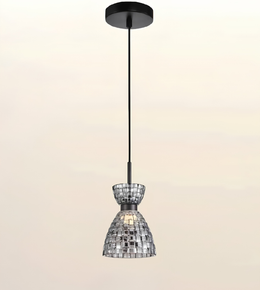 A modern pendant light with a black ceiling canopy and cord, featuring a clear glass shade covered in small reflective silver tiles, shown against a plain light beige background.