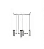 Line drawing of a modern chandelier with four cylindrical lights on a white background